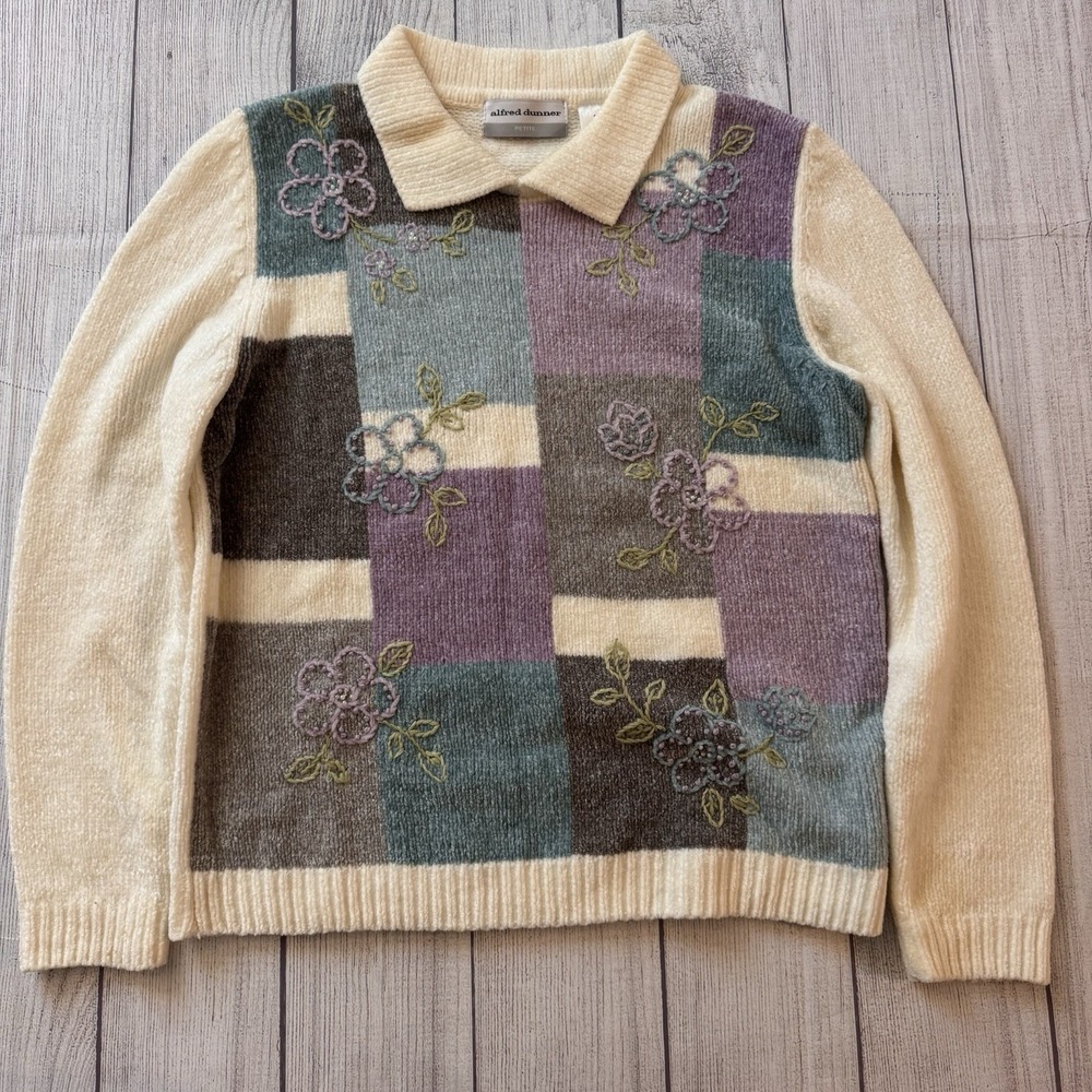 Alfred Dunner Petite PS Sweater Floral Embroidered Patchwork Collared Chenille